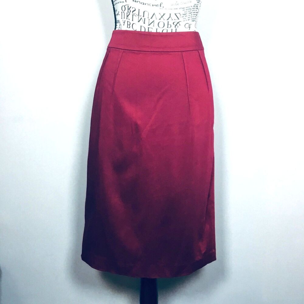 Raspberry red below knee skirt pencil pleated lined zipper closure waist 30" 6/S